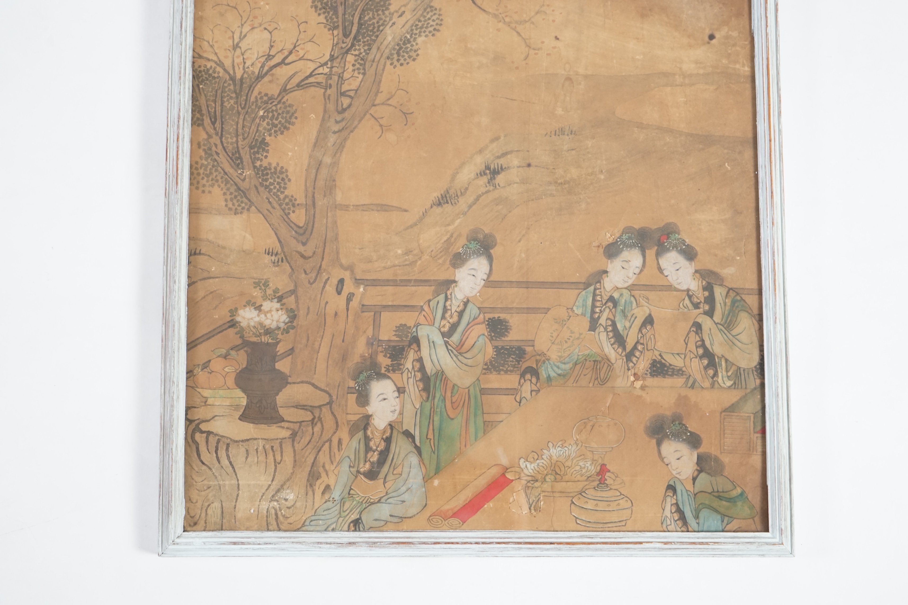 Chinese School, c.1800, ink and colour on paper, beautiful ladies in a garden